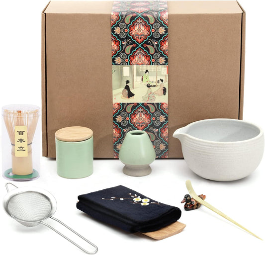 Artcome Japanese Matcha Tea Set, Bowl with Pouring Spout, Whisk, Tea Scoop, Ceramic Whisk Holder, Matcha Powder Caddy, Handmade Matcha Ceremony Kit For Japanese Tea Ceremony (9Pcs)