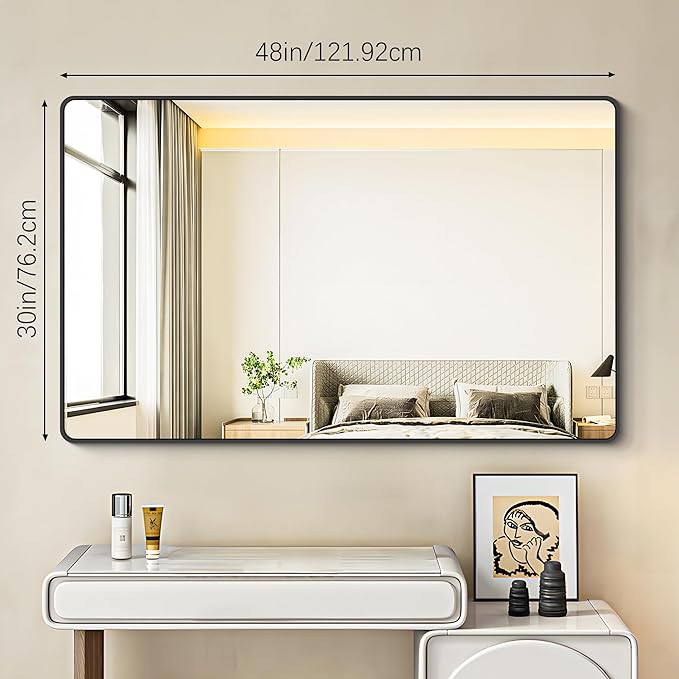 30x48 inch Bathroom Mirror,Black Rectangle Mirror,Wall Mounted Bathroom Frame Vanity Mirror with Round Corner for Bedroom Living Room, Entryway Hangs Horizontal or Vertical