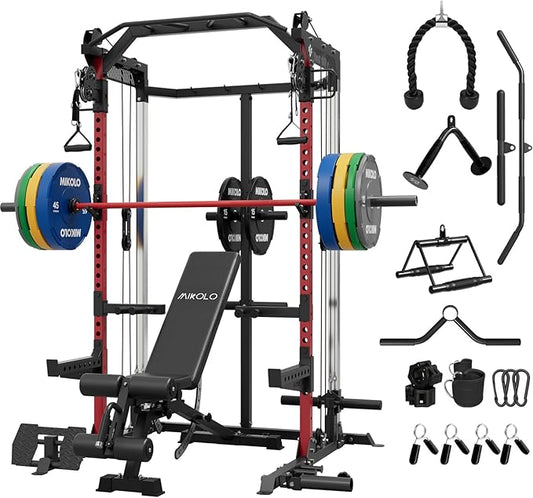Mikolo Power Cage, 2000LB Power Rack with Independent Dual Pulley System, Multi-Function Home Gym Workout Machine for Cable Crossover