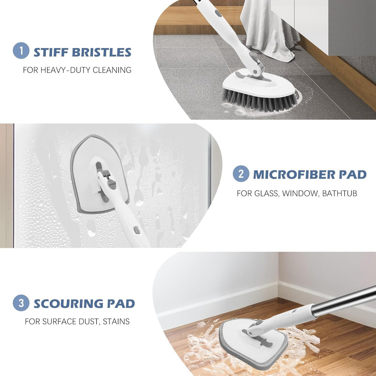 SetSail Floor Scrub Brush, 3-in-1 Tile Tub Floor Scrubber with 52-inch Adjustable Long Handle Shower Cleaner Brush and 3 Detachable Replacement Brush Heads for Cleaning Bathroom Tub Tile, White