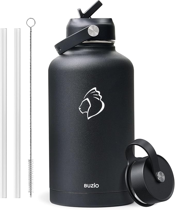 BUZIO Vacuum Insulated Stainless Steel Water Bottle 87oz (Cold for 48 Hrs/Hot for 24 Hrs) Half Gallon BPA Free Double Wall Travel Mug/Flask for Outdoor Sports Hiking, Camping, Running, Black