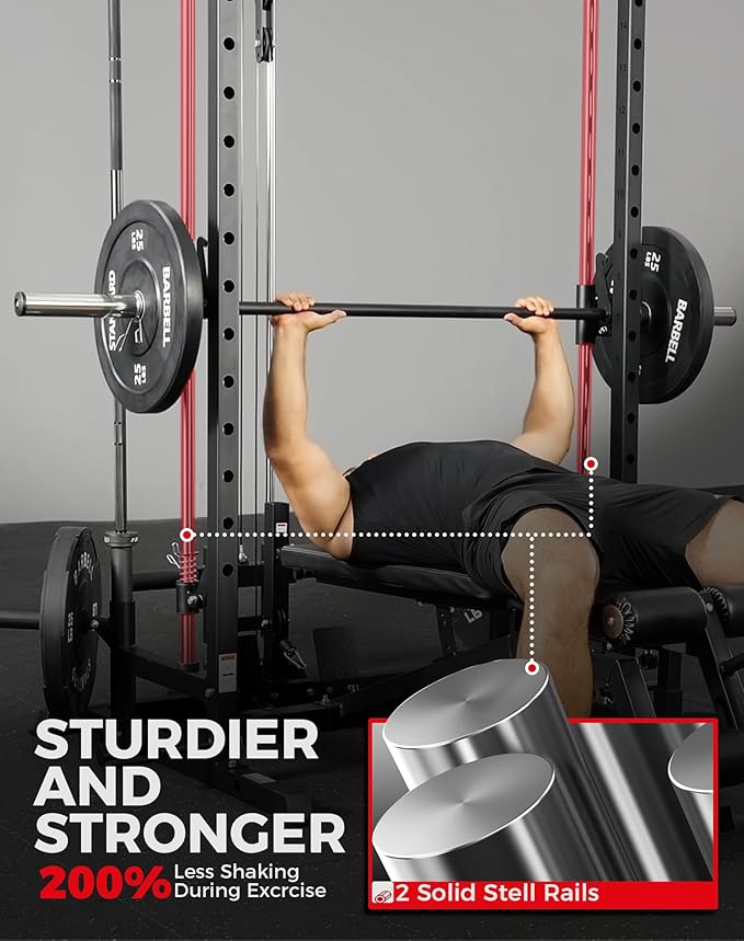 Mikolo Smith Machine Home Gym Power Cage (1:1 Ratio Strength Trainer) (Space Saving Design) (with 8 Free Attachments) Squat Rack for Full Body Training