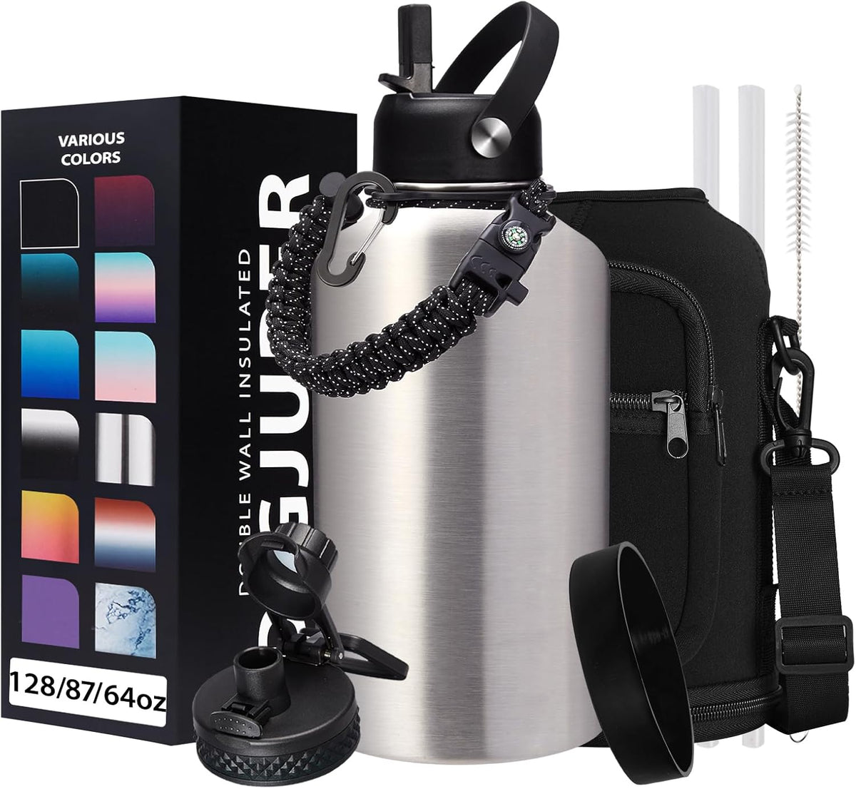 64 oz Insulated Water Bottle Stainless Steel - Gallon Water Bottle with Straw, Half Gallon Water Jug Wide Mouth, Sweat-Proof Metal Flask Mug with Paracord Handle For Gym Camping Hiking
