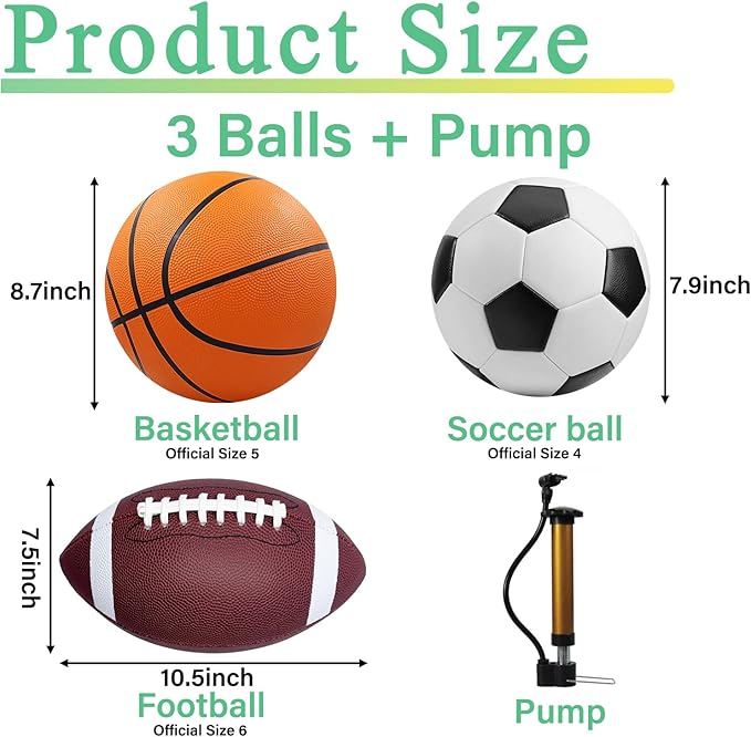 3-Piece Sports Balls Set, Includes Size 5 Basketball, Size 4 Soccer Ball, Size 6 Football & Pump, Sports Equipment Perfect Sports Gift for for Boys, Girls, Teens, and Adults