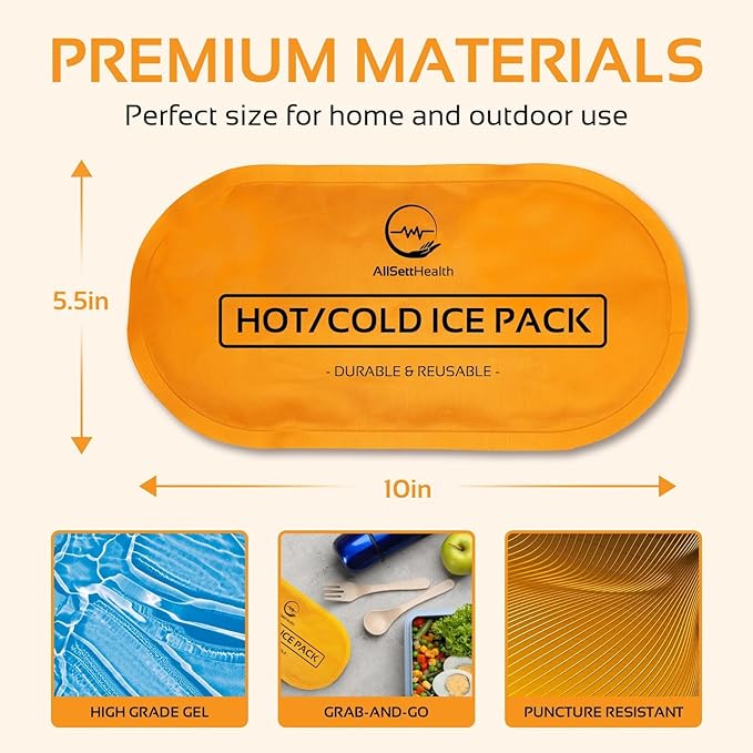 AllSett Health Reusable Hot and Cold Gel Ice Packs for Injuries | Cold Compress, Ice Pack, Gel Ice Packs, Cold Pack, ice Pack, Cold Packs for Injuries, 10.5 in Long x 5 in Wide, | 4 Pack Orange