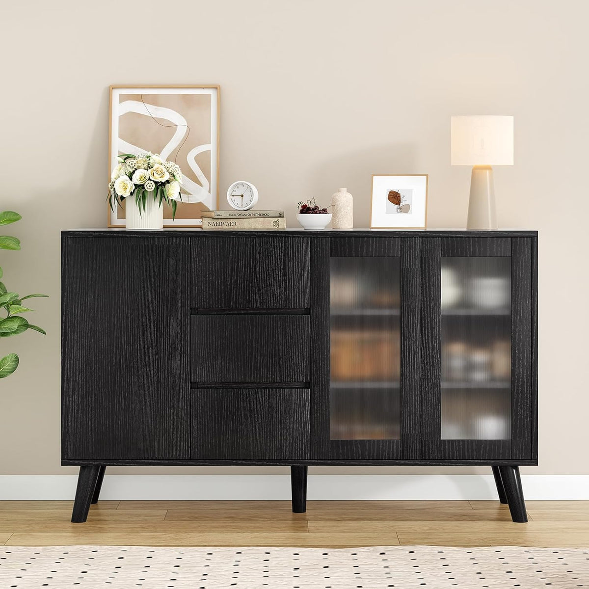 Soohow Farmhouse Buffet Cabinet, 55.5" Coffee Bar with 3 Drawers and Pop-Up Doors, Large Rustic Sideboard for Dining Room, Kitchen, Hallway, and Living Room