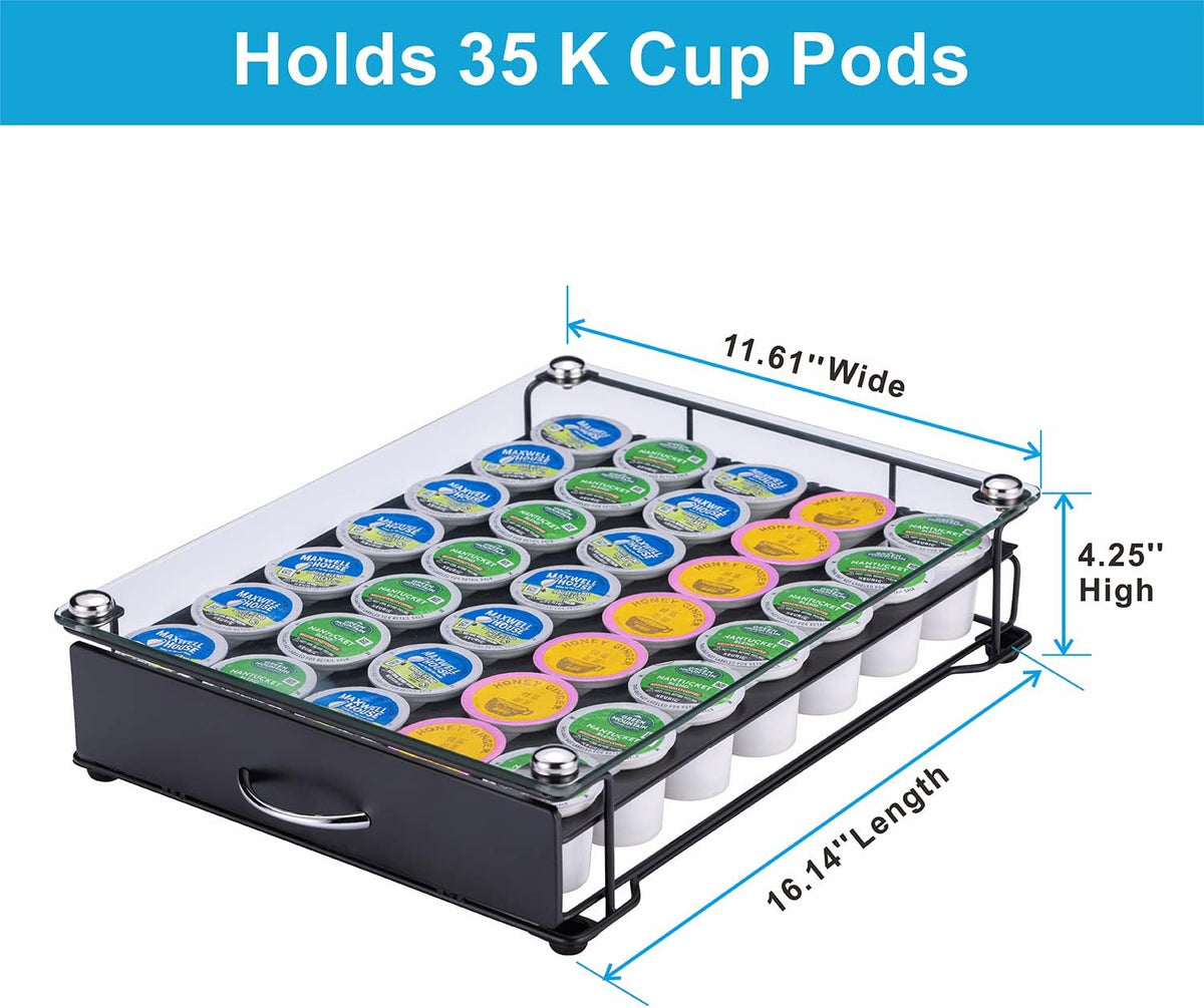 ZCDCP K Cup Holder Drawer, Coffee Pod Holder for K Cup Orgainzer with Termpered Glass Top, Keurig Coffee Pods Holder Capsule with 35 Pods, Black