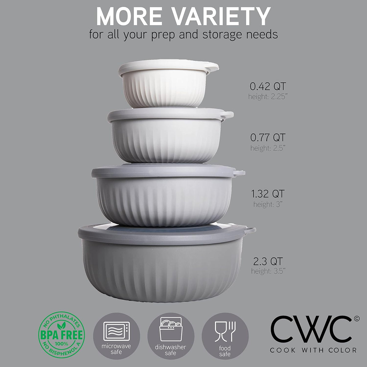 COOK WITH COLOR Prep Bowls with Lids- Wide and Deep Nesting Plastic Small Mixing Bowl Set with Lids, 8 Piece Set - Wide Bowls, Gray