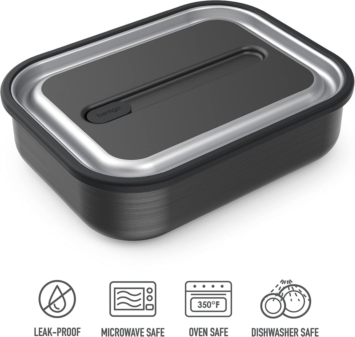 Bentgo MicroSteel Leak-Proof Lunch Box - Microwave-Safe, Oven-Safe, Bento-Style Container with Removable Divider, Airtight Lid, Sustainable Design, Odor & Stain Resistant (Carbon Black)