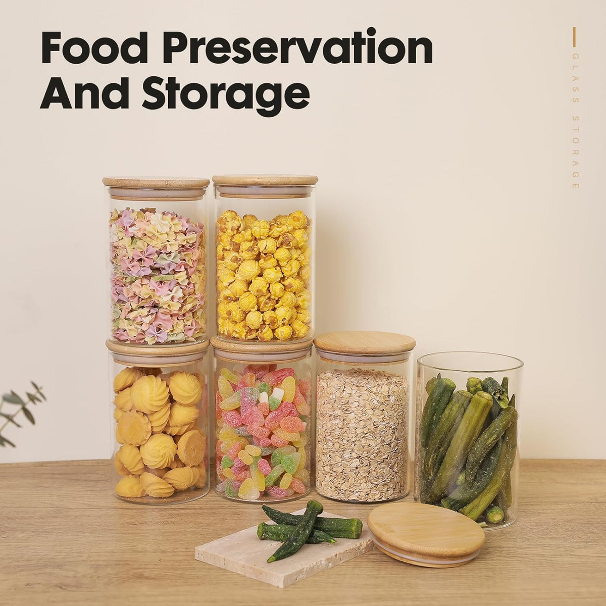 YUNCANG Glass Food Storage Jars 37oz [Set of 6],Clear Glass Food Storage Containers with Airtight Bamboo Lid Stackable Kitchen Canisters for Candy,Cookie,Rice,Sugar,Flour,Pasta