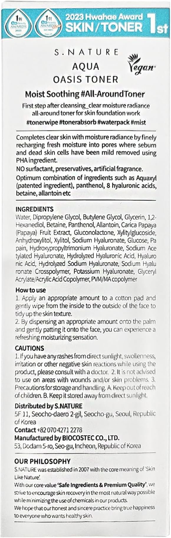 Aqua Oasis Toner | PHA, Soothing and Calming Skin,Hydrating, Refreshing Toner for All Skin Types, Korean Skin Care, Vegan | 300ml, 10.14 Fl Oz