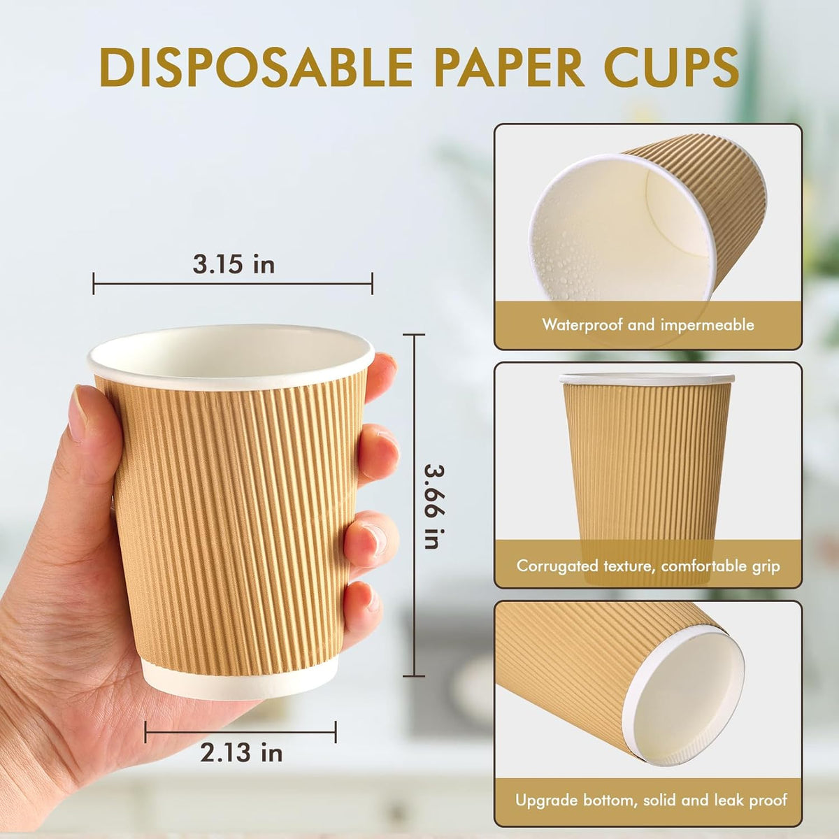 500 Pack 8 oz Paper Coffee Cups, Ripple Insulated Paper Cups, Hot Water Cups for Home, Office, Hotel, Meetings, Parties