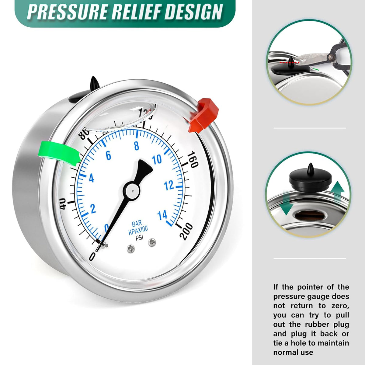 0-200psi Stainless Steel Glycerin Liquid Filled Pressure Gauge 1/4" NPT 2.5" Face Dial Center Back Mount, for Water, Oil and Air Pressure Testing (with Range Mark Pointer)