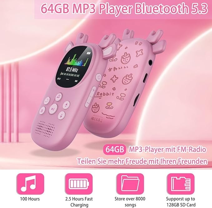 64GB MP3 Players for Kids, Cute Reindeer Portable Music Bluetooth Kid MP3 Player, Child MP3 Player with Bluetooth 5.3,Speaker, FM Radio, Alarm Clock, Voice Recorder, Stopwatch (Support up to 128GB)