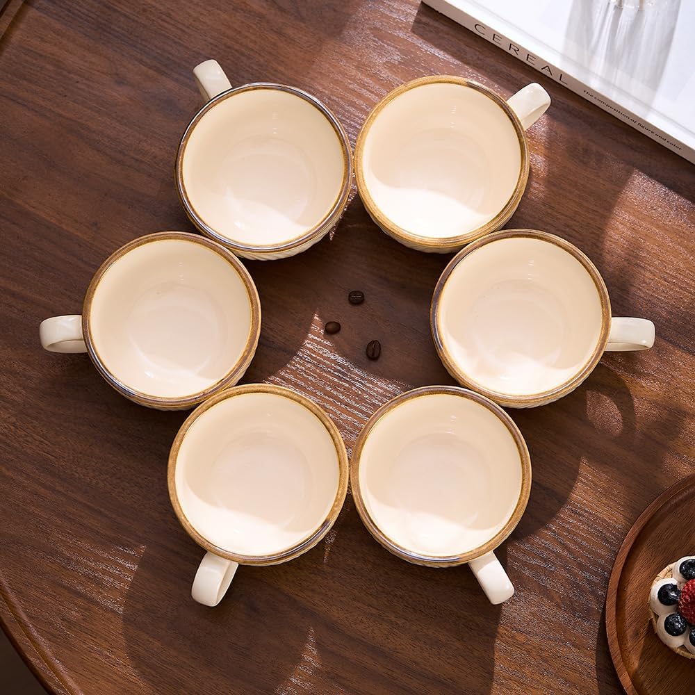 Set of 6 Vintage Design 12 oz Professional Barista Ceramic Latte Art Cappuccino Cups Set (Wave Beige)
