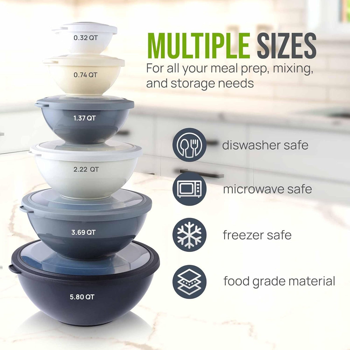 Zulay Kitchen 12 Piece Plastic Mixing Bowls with Leak-Proof Lids Set - Microwave and Freezer Safe Kitchen Mixing Bowls for Preparing, Serving and Storing - Large Nesting Bowls (Midnight Ombre)