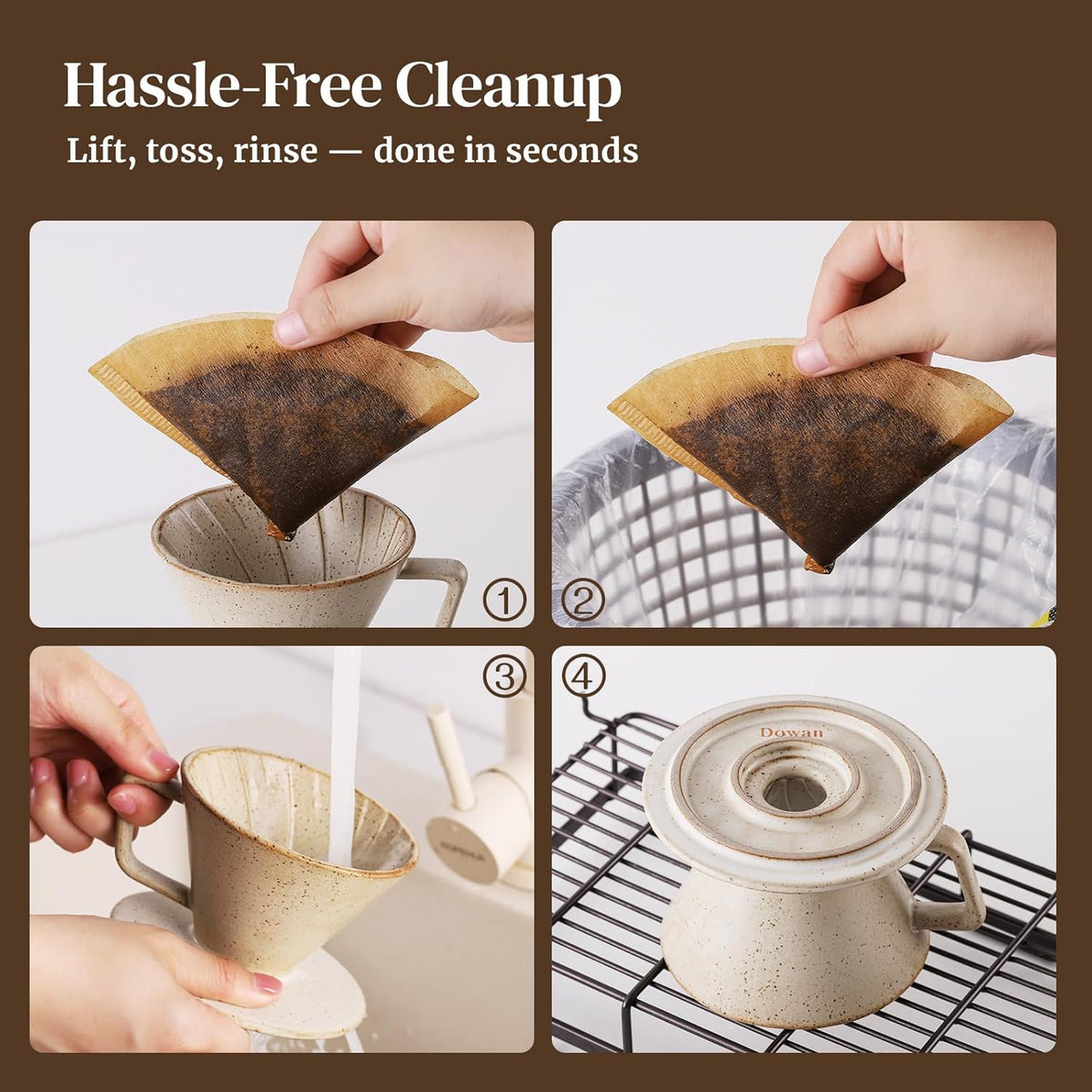 DOWAN Pour Over Coffee Maker, Non-Electric Pour Over Coffee Dripper, Manual Brew Maker, Single Cups Porcelain Slow Brewing Accessories for Gifts, Grey