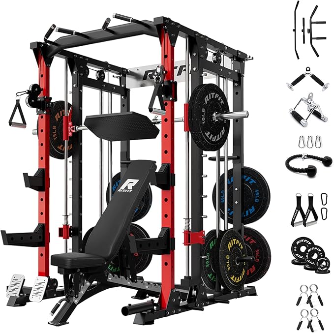RitFit Smith Machine Power Cage with LAT Pulldown & Cable Crossover, All-in-One Power Rack Home Gym System with Leg Press Attachment & Accessories