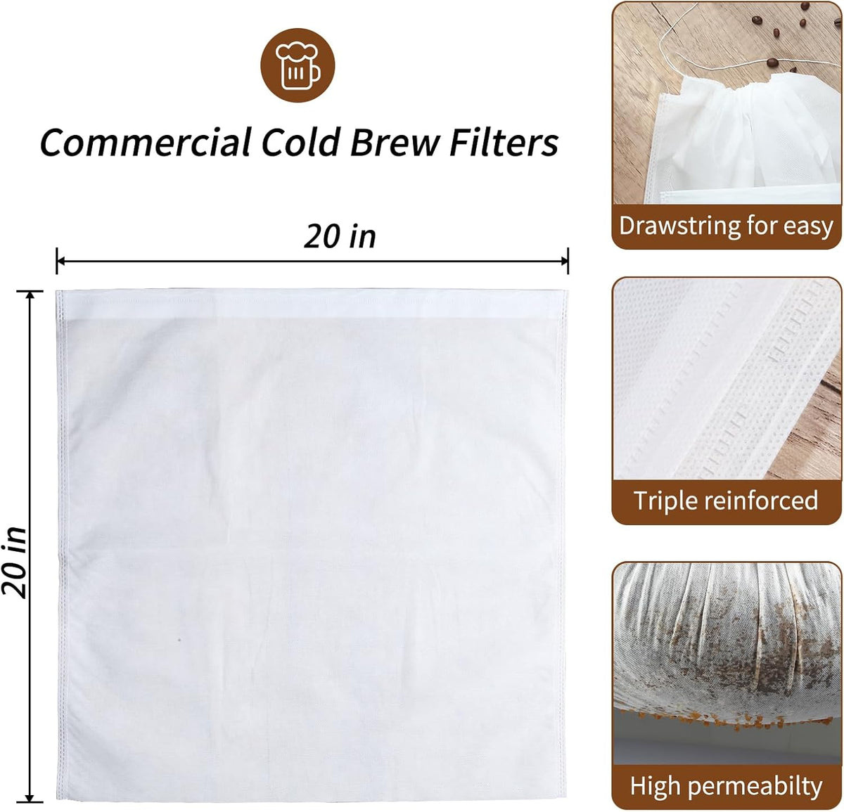 100Pcs Commercial Cold Brew Coffee Filters for 5 Gallon Buckets, 20" X 20" Disposable Coffee Filters with Drawstring for Brew Up To 5 LBS Coffee