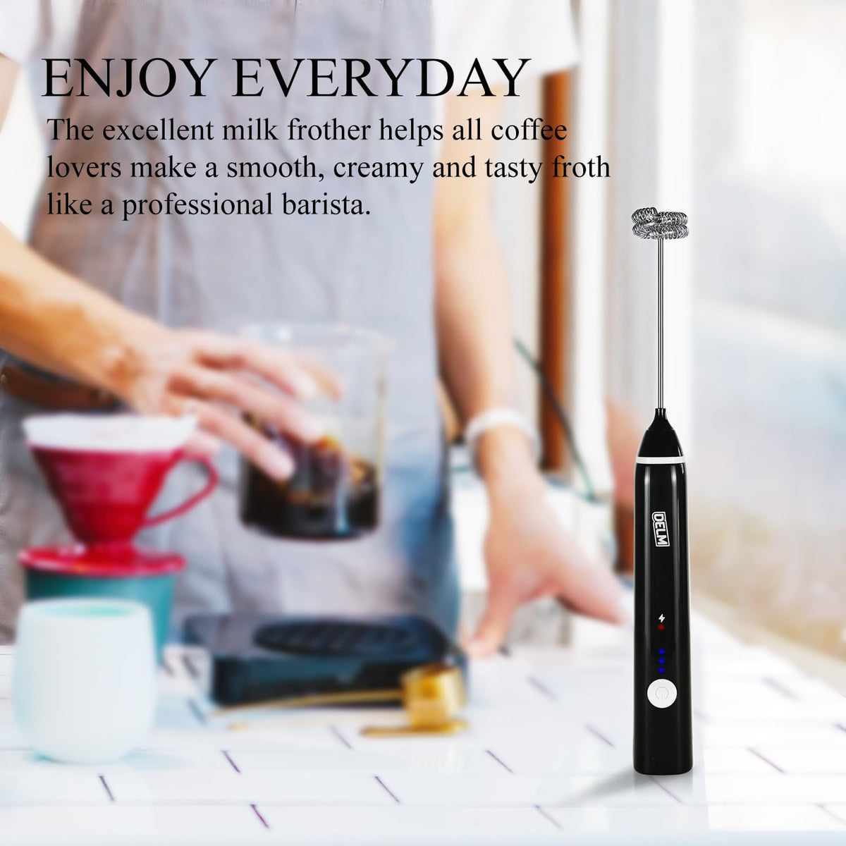 Delm Milk Frother Electric USB Stainless Steel Accessory - Frother Wand Foam Maker for Lattes - Milk Frother Handheld for Cappuccino, Frappe, Matcha, Hot Chocolate - Frother for Coffee (black)