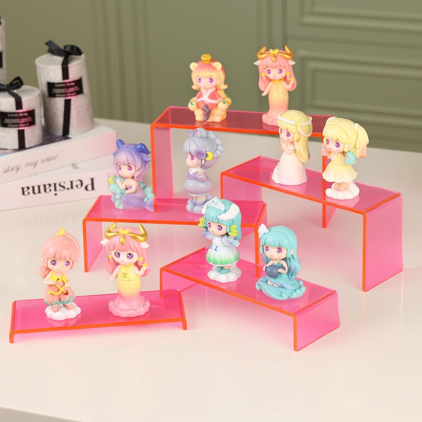 Goabroa Acrylic Display Risers, 2 Sets 10 Pcs Perfume Stand Organizer, Rectangular Riser Shelves for Figures, Cupcake, perfume display, Wine Glass and Handbag display，Transparent Pink