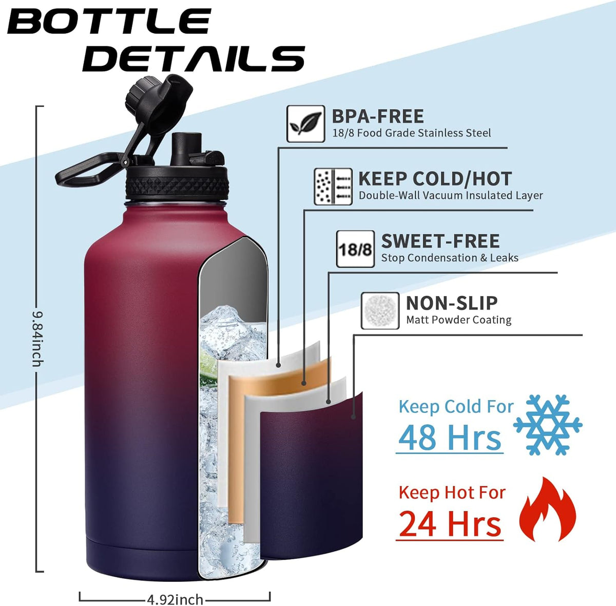64OZ Vacuum Insulated Water Bottle - Keep Hot Cold Vacuum Flasks with Straw & Spout Lids, Paracord Handle, Water Bottler Carrier Holder & Protective Cup Mat, 1.8L Stainless Steel Water Jug