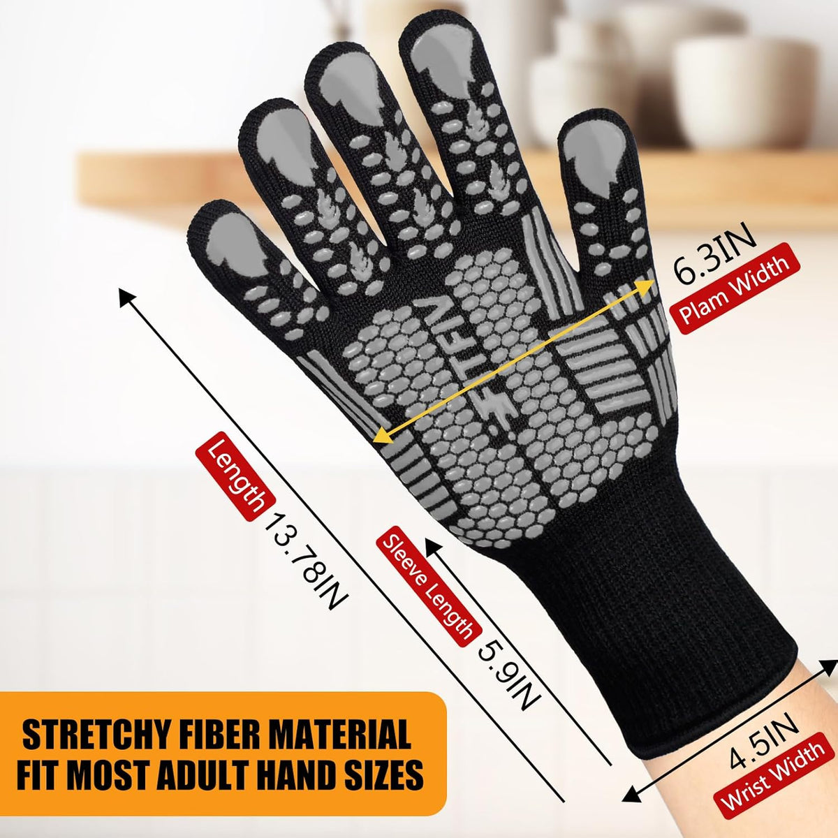 BBQ Gloves, Oven Gloves, Extreme Heat Resistant Barbecue Gloves, Silicone Non-Slip Oven Mitts, Kitchen Gloves for Cooking, Grilling, and Baking (Gray)