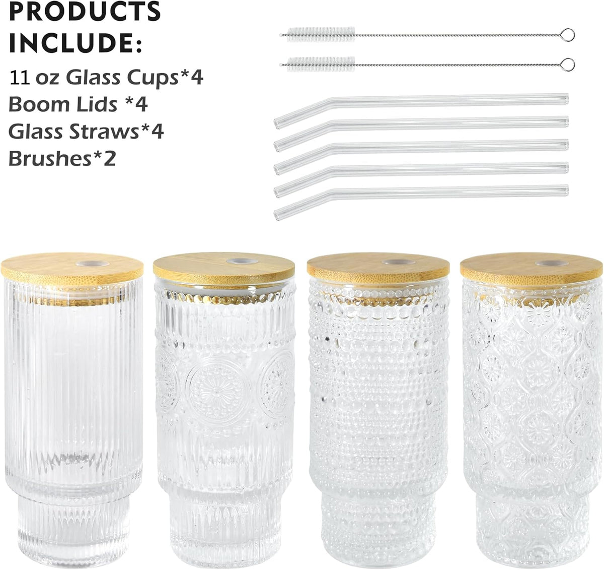 4 Pcs 11 oz Drinking Glasses Cups Set with Bamboo Lids Straws Brush Small Glassware Set for Mojito Iced Coffee Cocktail Whiskey(4 Mixed Pattern)