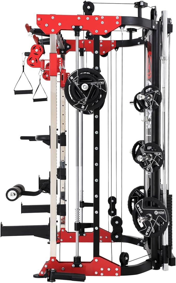 Altas Strength Smith Machine 3058G Home Gym 1000 lbs Weight Capacity 2000 lbs Cables Strength Training Power Cages Squats Presses Pulling Lunges Deadlifts Easy Assembly Included Accessories