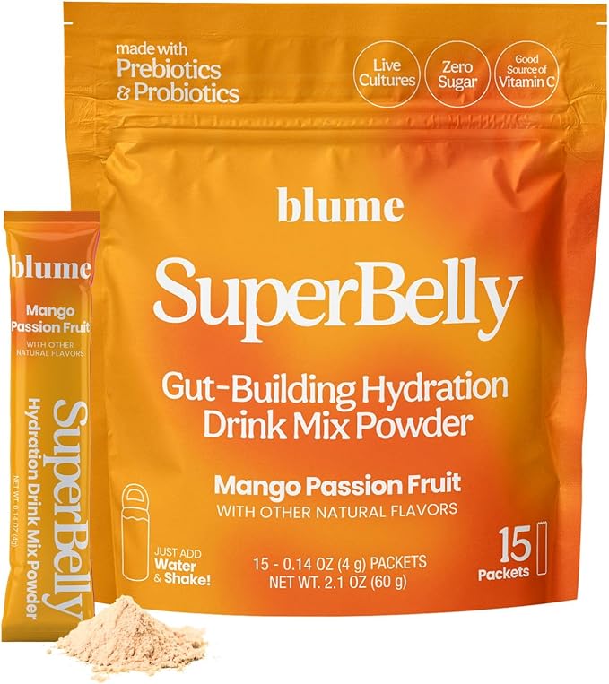 Blume SuperBelly Gut Health and On-The-Go Hydration Packets, Sugar-Free, with Prebiotics, Probiotics, Apple Cider Vinegar, Vitamin C, and Electrolytes, Mango Passion Fruit, 15 Sticks