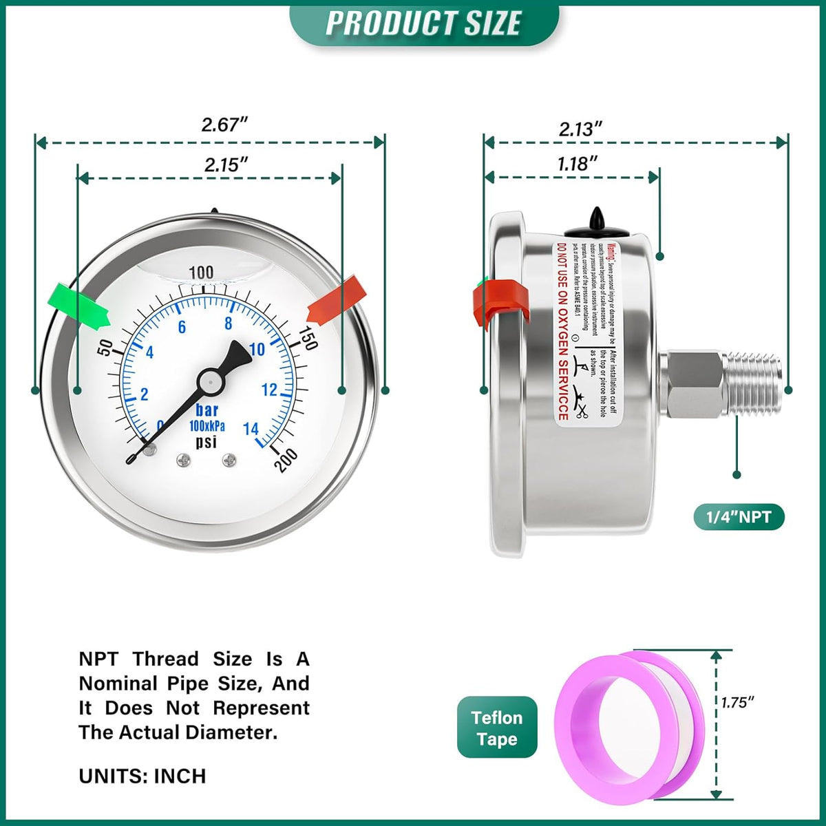0-200PSI Stainless Steel Liquid Filled Pressure Gauge, 2.5" Dial Size, 1/4" NPT 316 Stainless Steel Joint, Back Mount, for Tube, Water Pump, Gas, Liquid (with Range Mark Pointer)