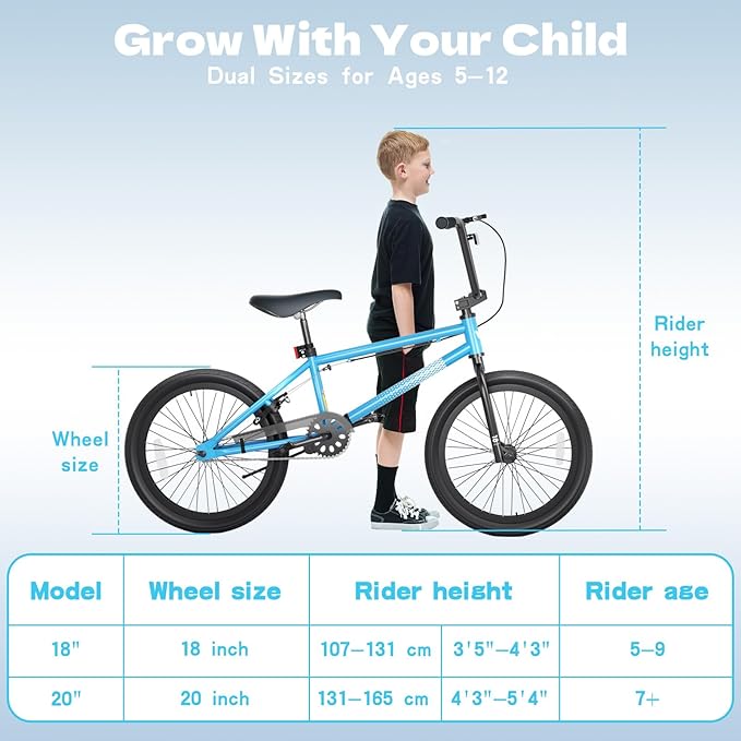 67i Boys BMX Bike 18/20 Inch Ages 8-12 Kids Bicycle with Front Rear U Brake Adjustable Seat Iron Fork 2.09" Wide Tires