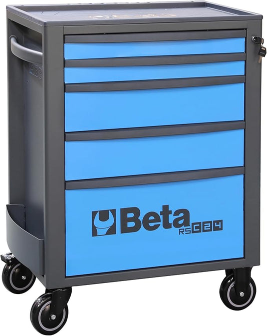 Beta RSC24 Heavy Duty Rolling Tool Cabinet, 5 Drawers, Blue, Ball Bearing Slides, Rubber Mat Liners, 5" Casters, Anti-Fall Edge Worktop, 1760 lbs Load Capacity, Made in Italy
