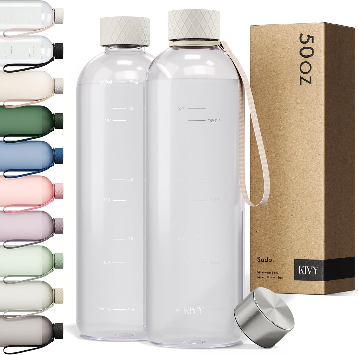 KIVY Large Water Bottle 50oz [Lightweight & Shatterproof] - Fits Backpack & Cupholder for Travel, Sports, School - Clear, No Straw, 1.5 Liter