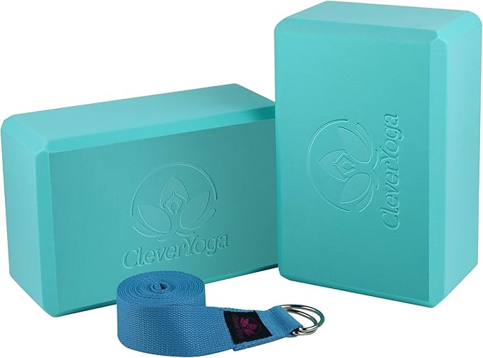 Clever Yoga Blocks 2 Pack with Strap - Extra Light Weight Sweat Repelling Foam Yoga Block Set with Cotton 8ft Yoga Stretch Strap - Yoga Block and Strap Set Kit for Beginner to Pro - Exercise
