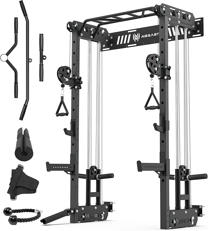 Wall Mounted Power Rack – 1600LB Capacity Compact Commercial Home Gym with Dual Cable Crossover, LAT Pulldown, Multi-Grip Pull-Up Bar & Landmine Attachment for Small Spaces, P67 Striker Red