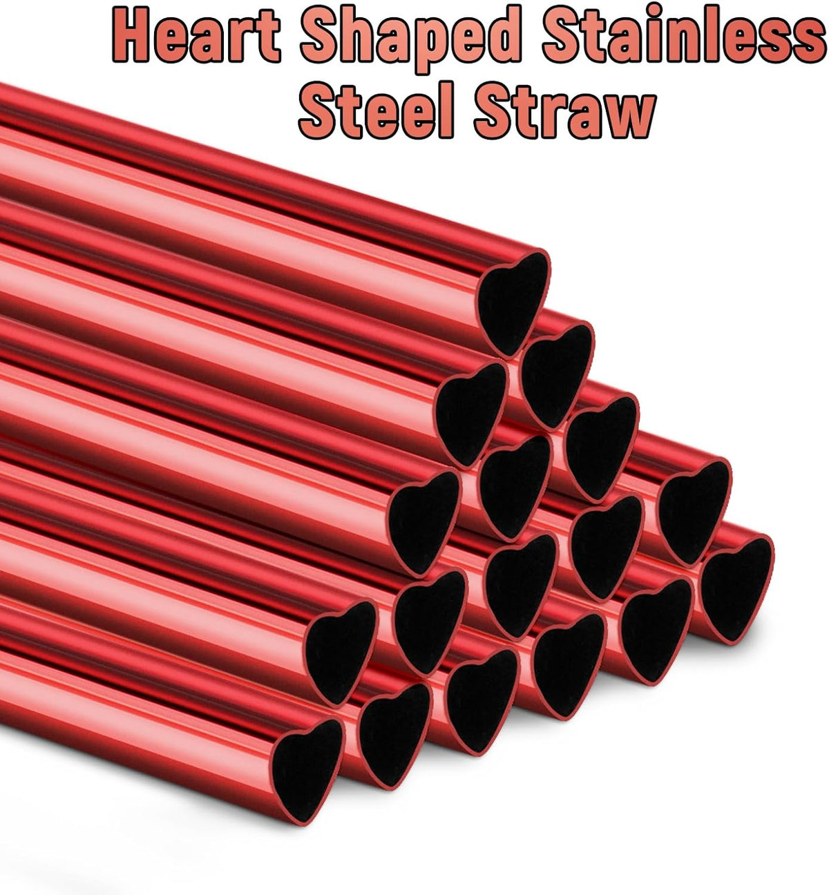 NiHome 16-Pack Heart-Shaped Stainless Steel Drinking Straws with 2 Cleaning Brushes, 8.5" Long Reusable Straws for Stanley Tumbler 14oz, Dishwasher Safe, Safe Edges for Kids (Pearl Red)