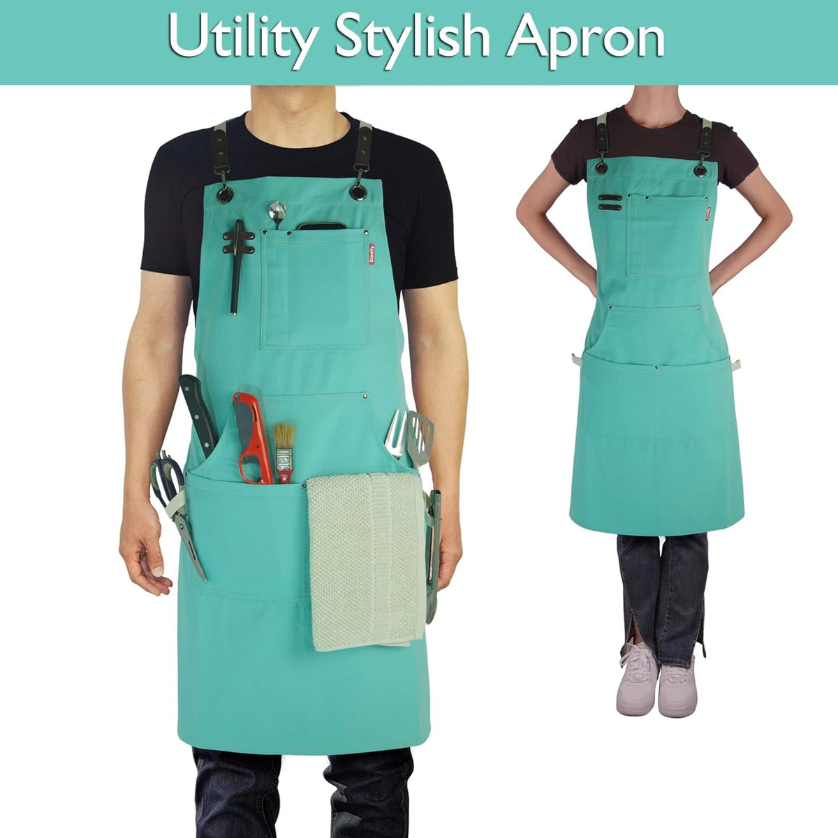 Kitchen Apron, Work Apron, Canvas, Multiple Pockets, Gardening, Painting, BBQ, Artist, Carpenter, Sizes M to XXL, Ice Blue