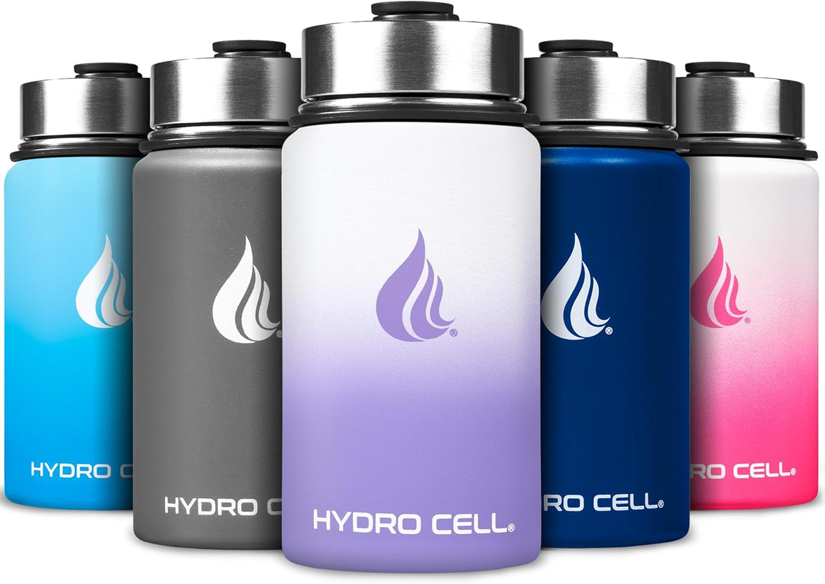 HYDRO CELL Stainless Steel Insulated Water Bottle with Straw - For Cold & Hot Drinks - Metal Vacuum Flask with Screw Cap and Modern Leakproof Sport Thermos for Adults (Lavender/White 14oz)