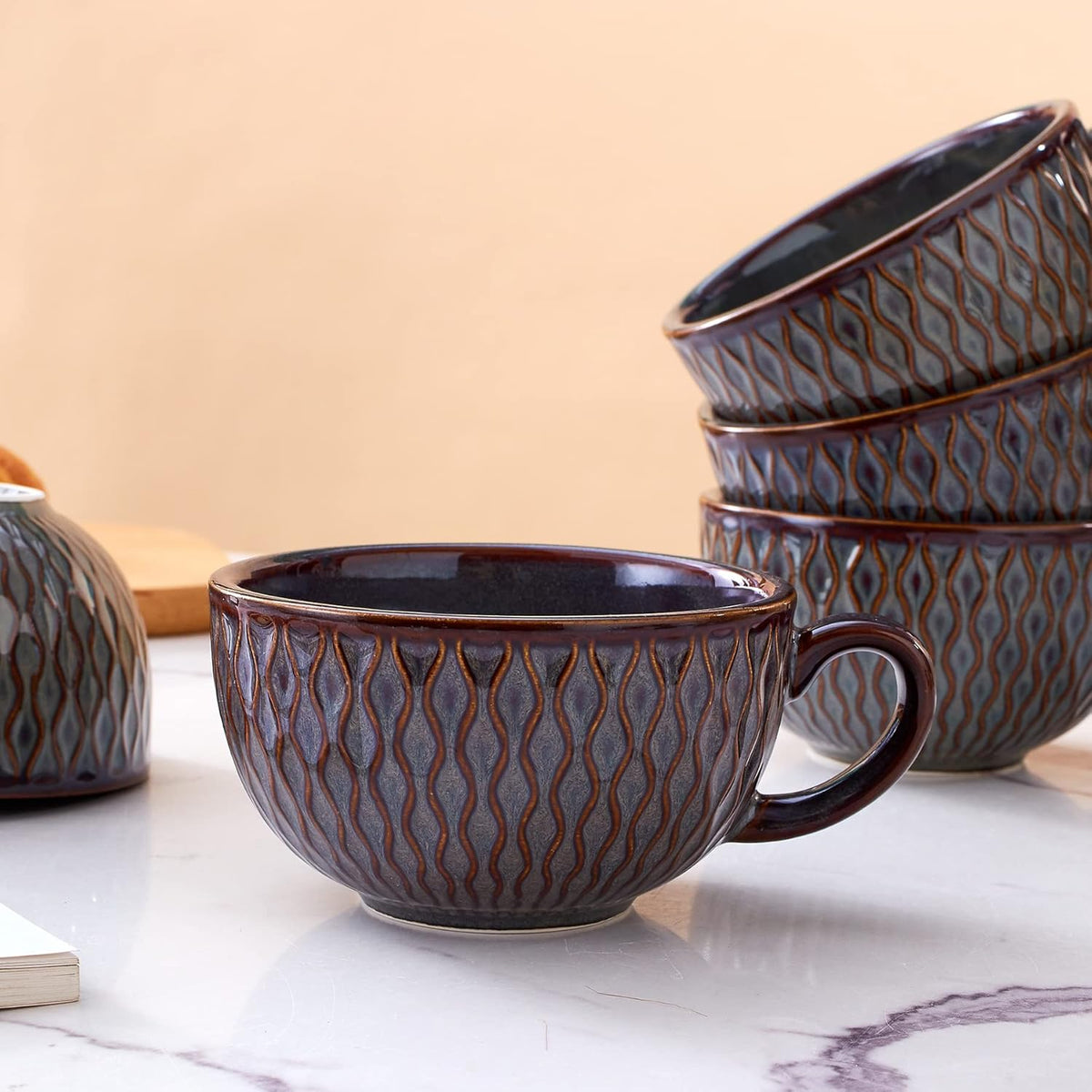 Set of 6 Cups Vintage Design 12 oz Professional Barista Ceramic Latte Art Cappuccino Cups Set (Embossed Grey * 6)