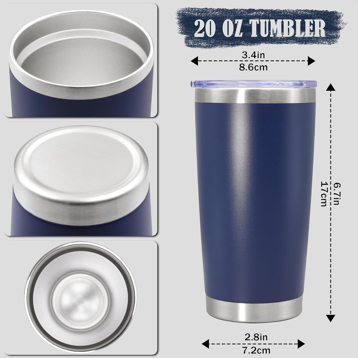 20 oz Tumbler Coffee Tavel Tumblers Bulk with Lid Stainless Steel Double Wall Vacuum Insulated Mug Powder Coated Cups fit Car Cupholder for Hot and Cold - Navy, 4Pack