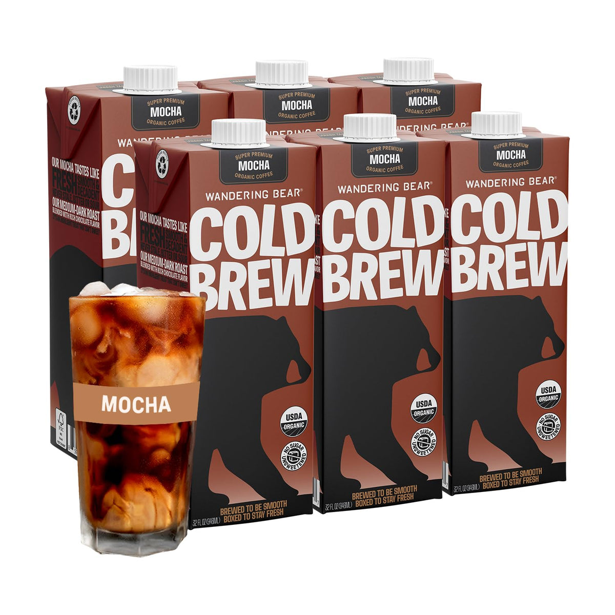 Wandering Bear Organic Mocha Cold Brew Coffee, 32 fl oz, 6 pack - Extra Strong, Bold, Smooth, Unsweetened, Shelf-Stable, Ready to Drink, Gluten Free, & Vegan, Iced Cold Brewed Coffee Drinks