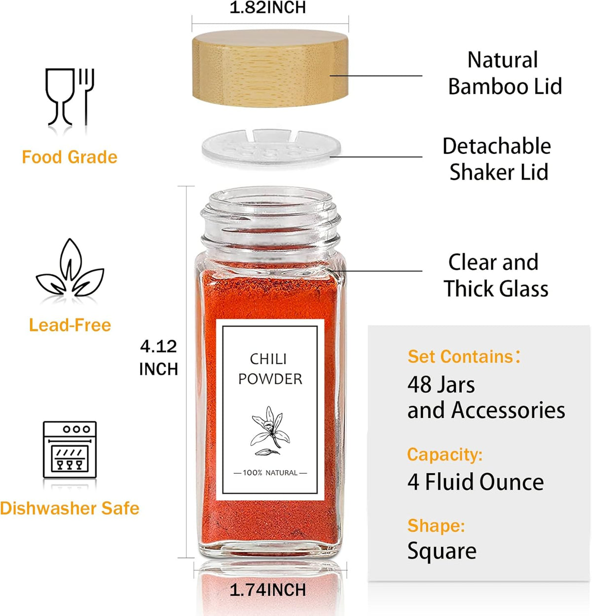 Aliggbent Spice Jars with Lable, 48 Pcs 4 oz Glass Spice Jars with Bamboo Lids, Spice Containers Bottles, Glass Seasoning Jars with Shaker Lids, Collapsible Funnel, for Spice Racks, Pantry,Cupboard