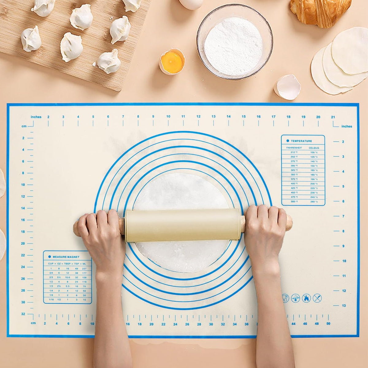 Baking Mats Silicone Kitchen Counter Dough Rolling Mat,Anti-slip Silicone Dough Mat with Measurement,24 x 16 Inches (Blue)