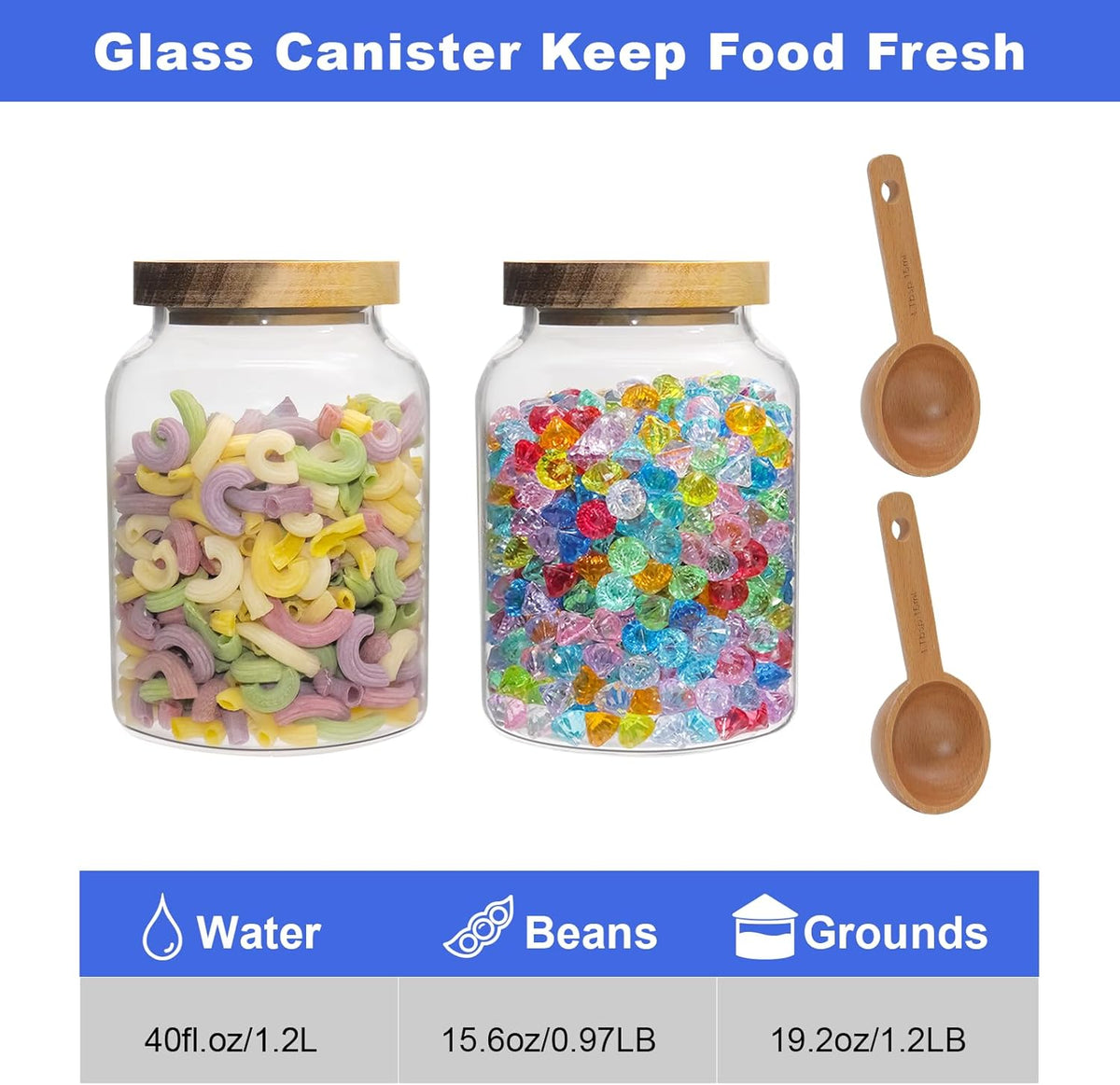 Vacuum Coffee Canister Glass Food Storage Jars With Airtight Lids Borosilicate Glass Coffee Canister Container for Coffee Beans & Grounds Tea Sugar Spices Kitchen (1200ml/40oz -2pack-with spoon)
