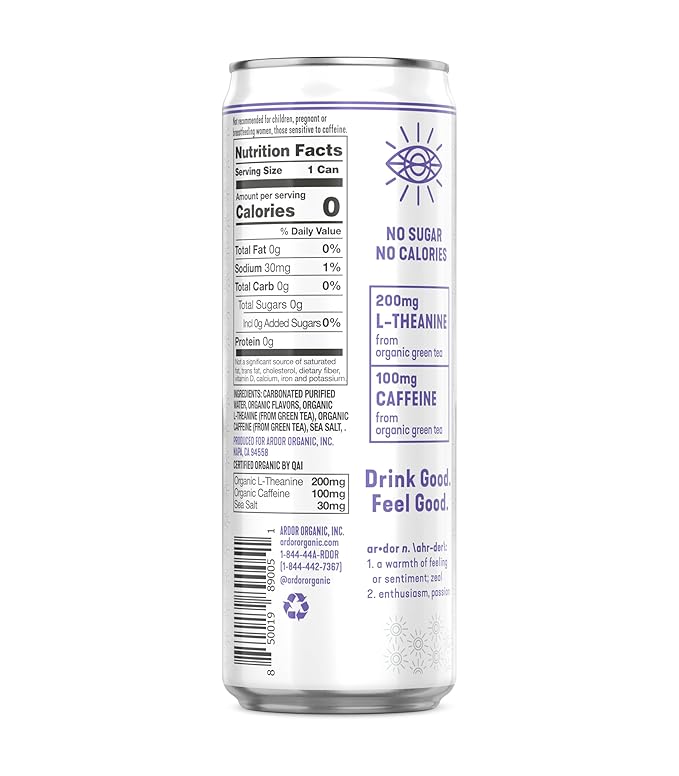 ARDOR ENERGY Sparkling Water with 100mg Natural Caffeine & 200mg L-Theanine from Organic Green Tea for Smooth Energy & Focus | Healthy Energy Drink | No Sugar, Zero Calories, Vegan, Gluten-Free | Blueberry Pom (Pack of 12, 12oz cans)