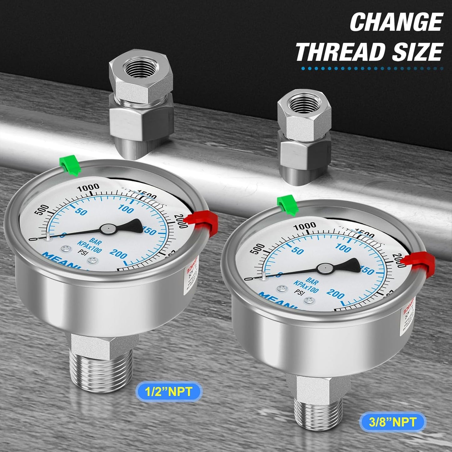 MEANLIN MEASURE 0~3000Psi Stainless Steel Liquid Filled Pressure Gauge 2.5" FACE DIAL 1/4" NPT for WOG Water Oil Air Back Mount with Stainless Steel Hex Bushing and Snaps
