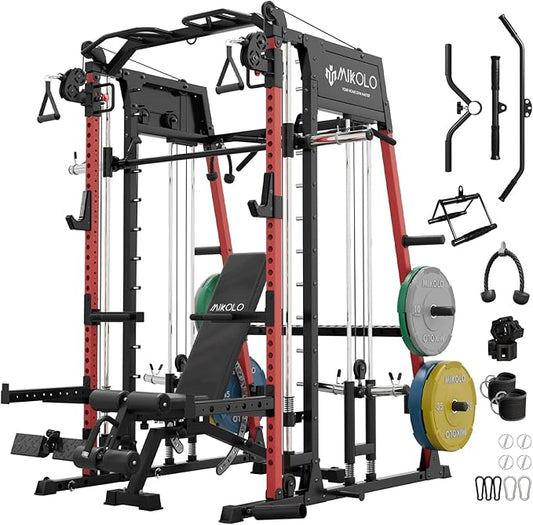 Mikolo M4 2.0 Smith Machine, All-in-One Power Cage with Independent Dual Pulley System, Multi-Function Home Gym Workout Cage for Cable Crossover