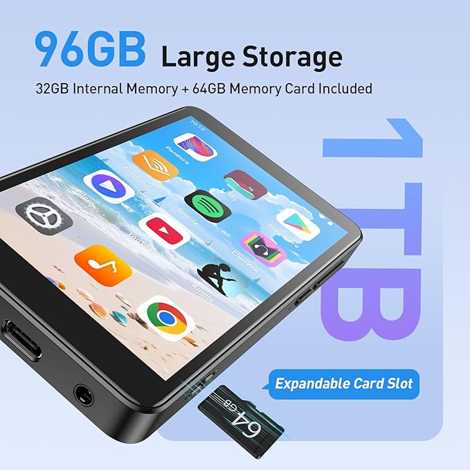 AGPTEK 96GB MP3 Player with Bluetooth and WiFi, T08X 4'' Android 14 MP4 Music Player with Spotify, Audible, APP Store, Up to 1TB, Black