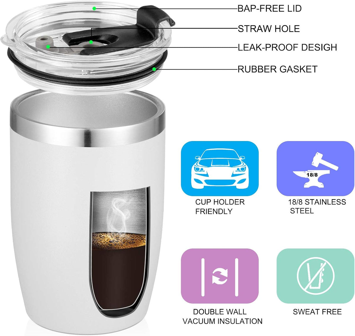 VEGOND Stainless Steel 12 oz Tumblers bulk Vacuum Insulated Double Wall Travel Tumbler with Lid and Straw Reusable Tumbler,White 12 pack